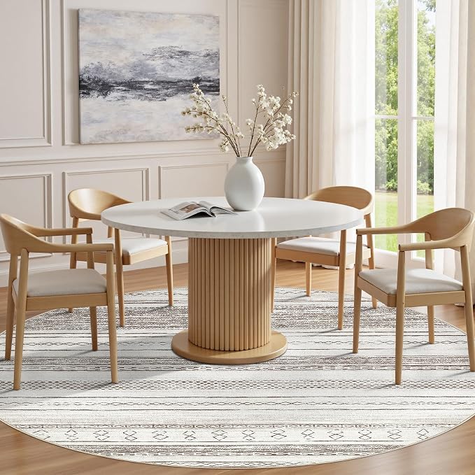 Tortania 8' Round Area Rug Living Room Rugs - Washable Large Soft Neutral Boho Moroccan Bohemian Farmhouse Rug Indoor Floor Carpet for Bedroom Under Dining Table Home Office Decor - Cream/Brown