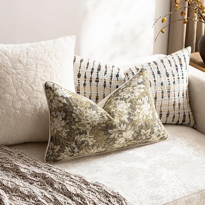 DEZENE Pack of 2 Vintage Floral Pillow Covers 12x20 Boho Farmhouse Accents Chenille Rectangular Lumbar Decorative Throw Pillow Cases for Living Room Couch Bed Home Decor, Beige