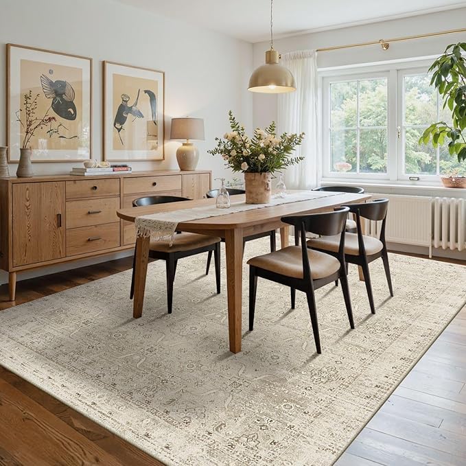 Rugxara 6x9 Area Rugs for Living Room Bedroom, Beige Large Washable Neutral Rug, Vintage Floral Retro Boho Non Slip & Low Pile Carpet for Indoor Dining Room, Classroom, Dorm, Nursery and Kids Room