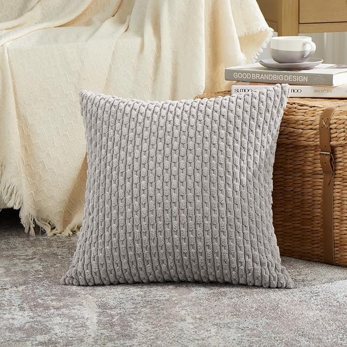 Fancy Homi Set of 2 Neutral Grey Decorative Throw Pillow Covers 20x20 Inch for Couch Bed Sofa Bedroom, Modern Farmhouse Boho Home Decor, Soft Fluffy Textured Corduroy Cute Gray Cushion Case 50x50 cm