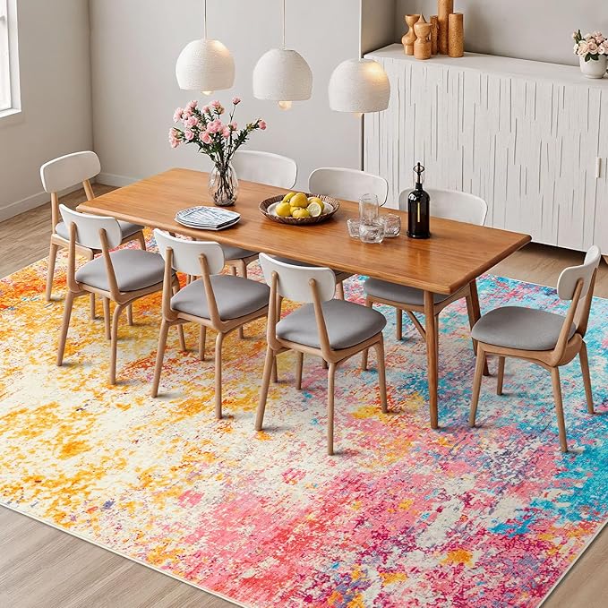 Rugflix 10x12 Area Rugs for Living Room, Washable Large Multicolor Rug Stain-Resistant Low Pile, Modern Carpet for Dining Room Home Office Kid Room Nursery Bedroom, Colorful Rainbow