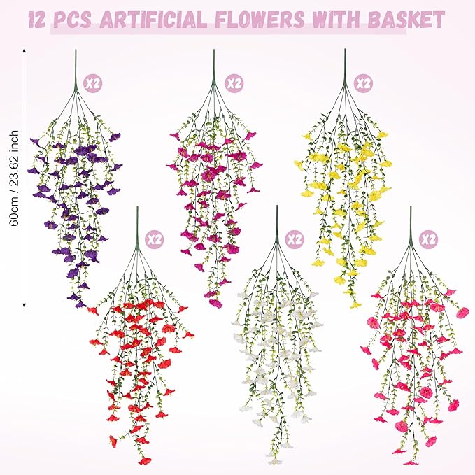 INXUGAO Artificial Flowers with Hanging Basket, Outdoor Faux Plants Silk Morning Glory Vines, Fake Petunias for Garden Patio Spring Summer Decor, 12 pcs Mixed Color