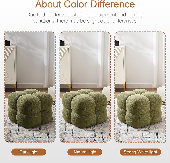 Zesthouse Square Pouf Ottoman Footstool, Modern Backless Vanity Chair for Bedroom, Green Boucle Foot Rest for Couch, Upholstered Tufted Footstool, Poofy Fabric Ottoman Coffee Table for Living Room