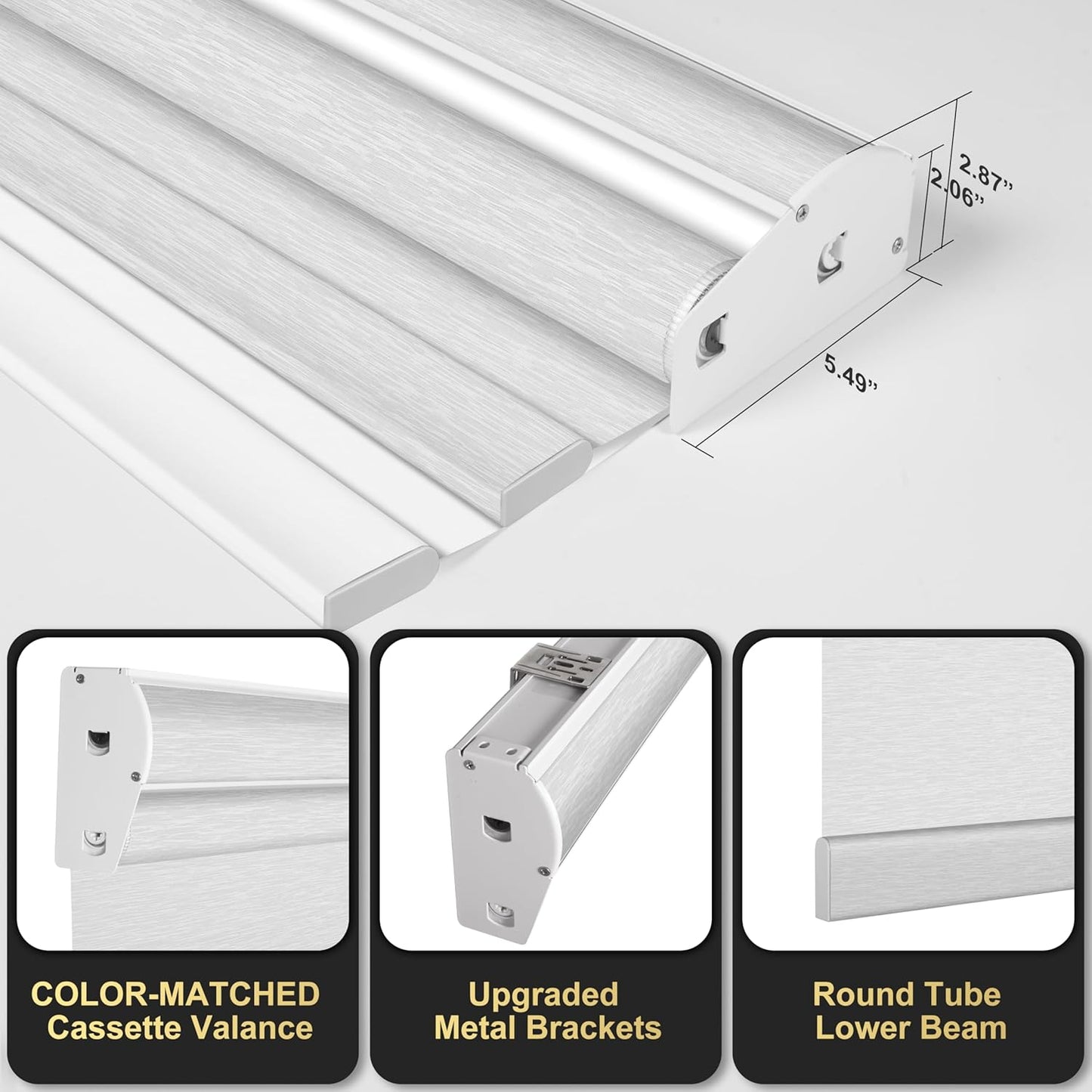 BERISSA Cordless Dual Roller Shades with Cassette Valance, Blackout and Light Filtering Shades for Home Office and Door. Striped Jacquard White. 46 W x 36" H