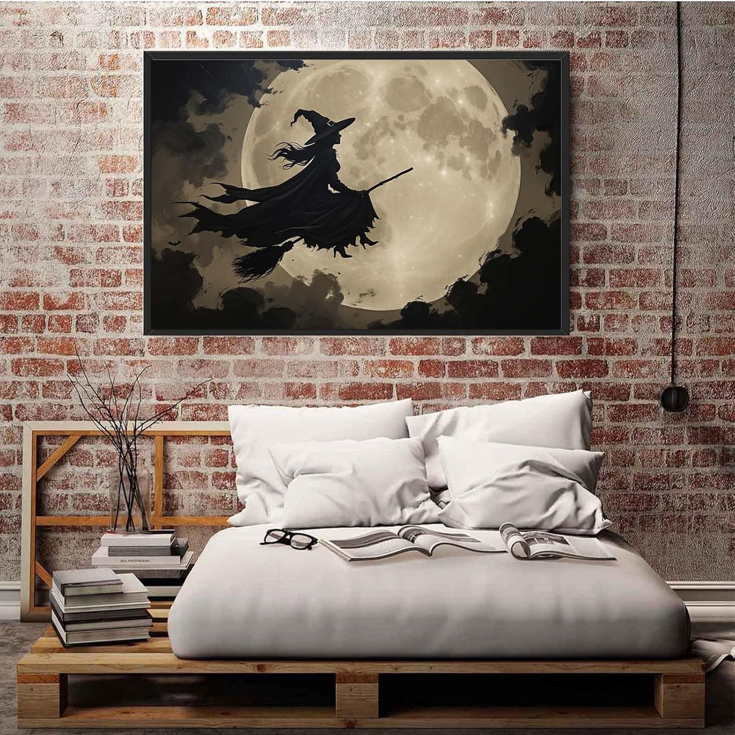 JFHCQJPK Full moon witch silhouette poster witch on magic broom Halloween mural poster decorative mural art suitable for home living room bedroom16x24in Metal blackFramed