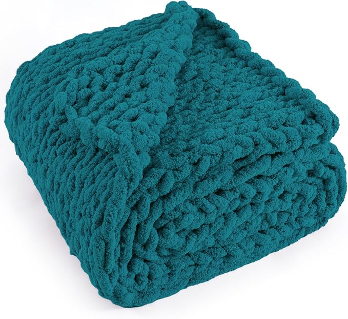 Chunky Knit Throw Blanket 50x60, 100% Handmade Chenille Yarn | 4.4lbs Soft Thick Cable Knitted Blankets, Large Rope Knot Crochet Throws for Couch Sofa Bed Machine Washable, Teal