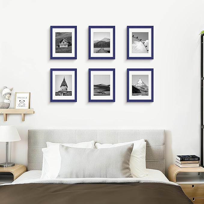 Picrit 8.5x11 Picture Frame Set of 12, Display 6x8 with Mat or 8.5 x 11 without Mat, Photo Frames for Wall Mounting or Table Top Display, Navy Blue