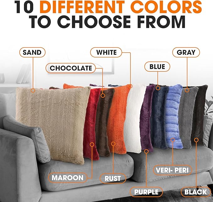 Cheer Collection Faux Fur Throw Pillows - Decorative Pillows for Couch, Bed Throw Pillows, Sand Accent Pillows for Bedroom or Living Room Aesthetic, Set of 2 Furry Throw Pillows, 24" x 24"