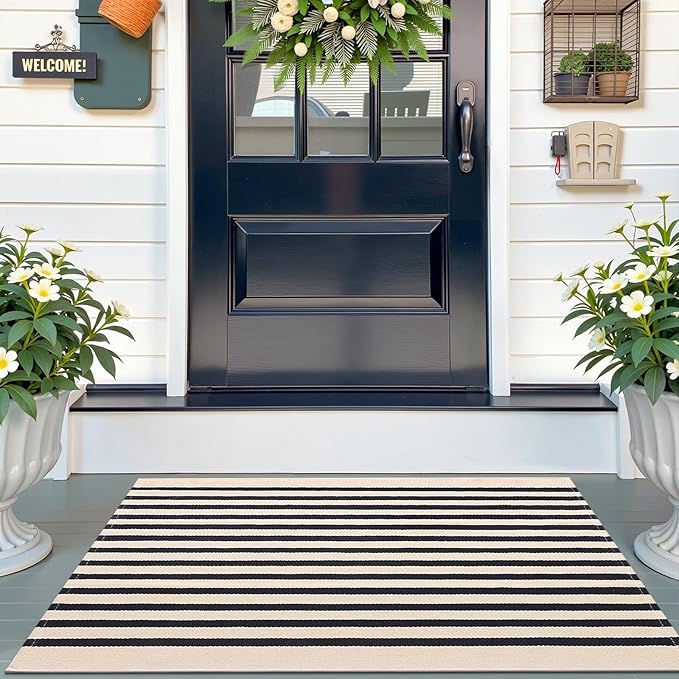 OLANLY Beige and Black Striped Rug 2'4" x 3'7" (27.5" x 43") – Washable Cotton Doormat for Indoor Outdoor Use, Layered Front Porch Rug for Entryway, Kitchen, Patio