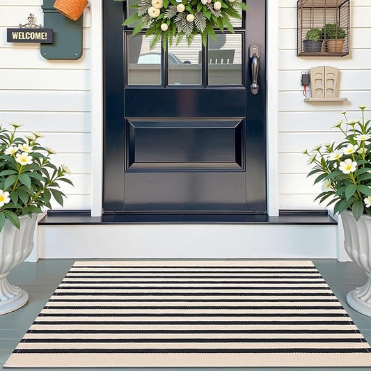 OLANLY Beige and Black Striped Rug 2'4" x 3'7" (27.5" x 43") – Washable Cotton Doormat for Indoor Outdoor Use, Layered Front Porch Rug for Entryway, Kitchen, Patio