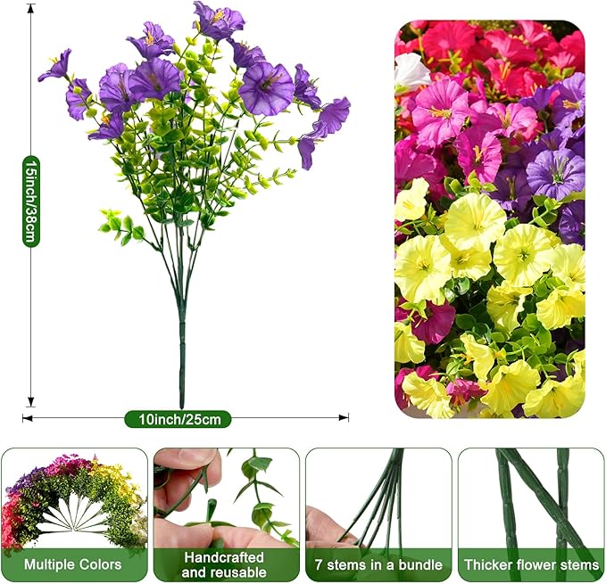 Fanfantoey Artificial Flowers for Outdoor, UV Resistant Fake Plants Outside Decoration, 14 Pcs Realistic Silk Morning Glory Faux Flowers for Porch Patio Gardens Home Decor(14, 6 Mixed)
