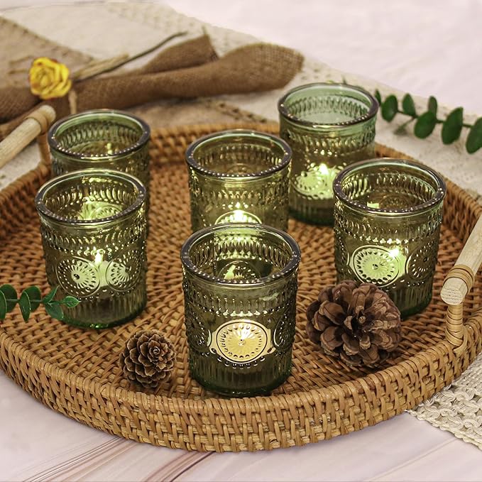36 Pcs Green Glass Votive Candle Holders, Tealight Candle Holders for Table Centerpieces, Vintage Candle Holder Bulk, Boho Wedding, Home, Bridal Shower, Birthday Party Table Decor (Green)