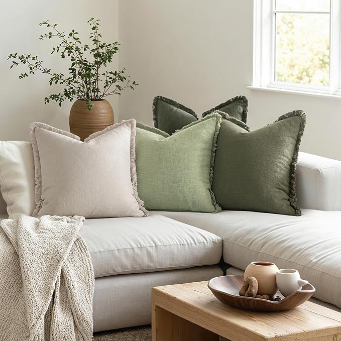 MIULEE Decorative Couch Pillow Covers Neutral Linen Fringe Throw Pillows Set of 4 Boho Farmhouse Soft Accent Cushions for Bed Sofa Living Room Spring Home Decor 22x22 Inch Beige/Sage Green