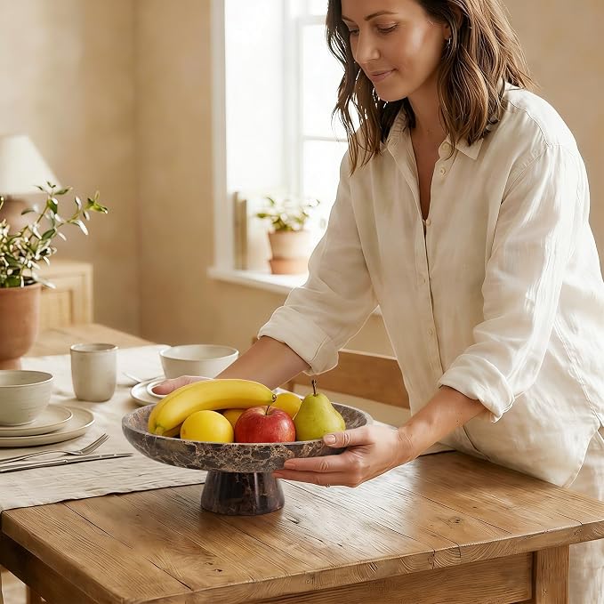 YMXYJM Natural Marble Fruit Bowl, Pedestal Bowl,Brown | Natural marble pedestal bowl for fruit, keys, and decor on kitchen counters, dining tables, living rooms, or entryways