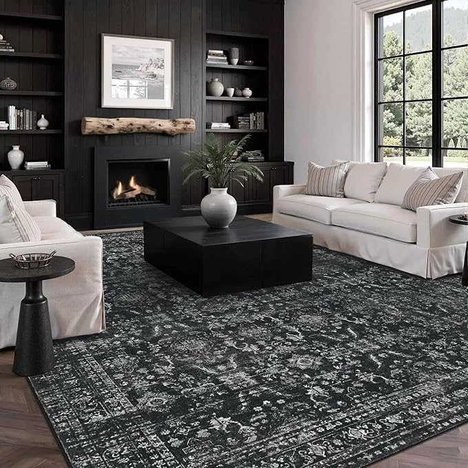 Rugxara 8x10 Area Rugs for Living Room Bedroom, Large Washable Rug, Black Vintage Floral Boho Rug, Non Slip & Low Pile Faux Wool Thin Carpet for Indoor Dining Room and Kids Room(Black 8x10ft)