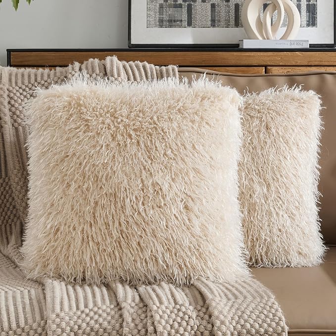 FUTEI Pack of 2 Shaggy Mongolian Faux Wool Throw Pillow Covers 18x18 Inch Soft Decorative Cushion Case for Couch Bed Living Room, Beige