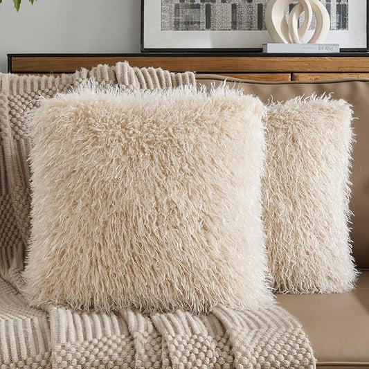 FUTEI Pack of 2 Shaggy Mongolian Faux Wool Throw Pillow Covers 18x18 Inch Soft Decorative Cushion Case for Couch Bed Living Room, Beige