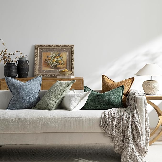 DEZENE Pack of 2 Dusty Blue Decorative Throw Pillow Covers 20x20 Cozy Soft Chenille Boho Accent Vintage Farmhouse Square Couch Pillow Covers for Home Decor Bed Sofa Living Room