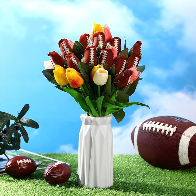 Suhine 24 Pcs Artificial Football Rose Flowers Sports Party Favors Bulk for Birthday Graduation Wedding Party Decorations Table Centerpieces Game Day Tailgate Senior Night Gift(Football Color, Normal)
