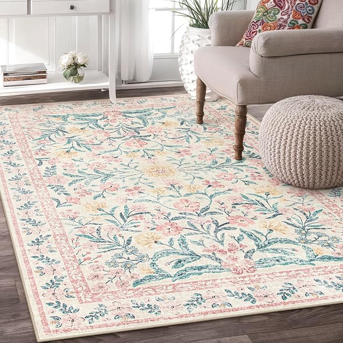 Wonnitar Pink Rugs for Nursery, 5x7 Washable Rug for Bedroom Girls, Boho Soft Floral Carpet Non Slip, Indoor Ultra-Thin Floor Carpet for Baby Kids Room Living Room Dorm Decor
