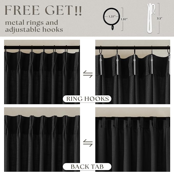 TWODRAPES Black Pinch Pleated Linen Cafe Curtains 45 Inch Length 2 Panels for Dining Room Kitchen Bedroom Semi Sheer Pleat Drapes with Hooks Rings Light Filtering Short Window Curtain Cabinet 40x45