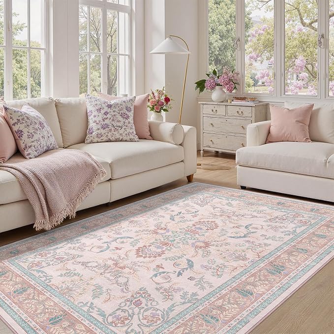 DCX 5x7 Pink Vintage Floral Rug, Machine Washable Non Slip Low Pile Carpet for Girl’s Bedroom, Nursery, Dorm, Kid & Pet Friendly Soft Stain Resistant Rug