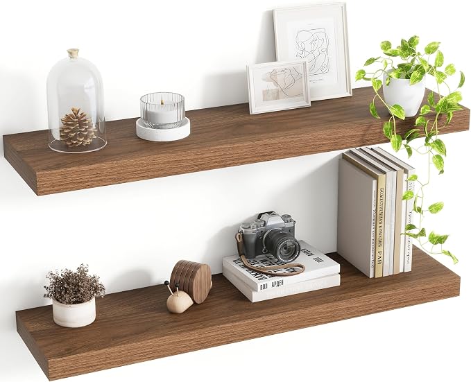 Acovy 30 Inch Floating Shelves, 8 Inch Deep Floating Shelves for Wall, Hanging Shelf with Invisible Brackets, Deep Shelves for Bathroom, Bedroom, Living Room, Walnut, Set of 2