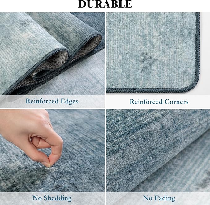 LIANLAM 10x12 Washable Rug, Blue Solid Area Rugs for Living Room & Bedroom | Stain-resistant & Non-slip backing,Low Pile Washable Large Carpet, Solid Vintage Style For High Traffic Areas(10x12,Blue)
