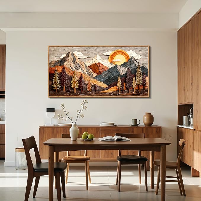 imjiayu Extra Large Wall Art, Mountain Wall Art, Boho Wall Decor, Neutral Landscape Art Prints, Sun Pine Tree Framed Artwork, Modern Paintings Wall Decor Living Room Dining Room Office Hotel 29"x57"