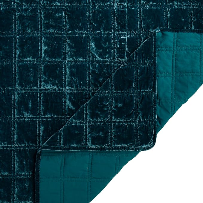 HiEnd Accent Stella Faux Silk Velvet Double Box Stitch 3 Piece Quilt Set, Queen Size, Teal Solid Color, Classic Chic Modern Rustic Elegant Bedding Set, Lightweight Bed Set