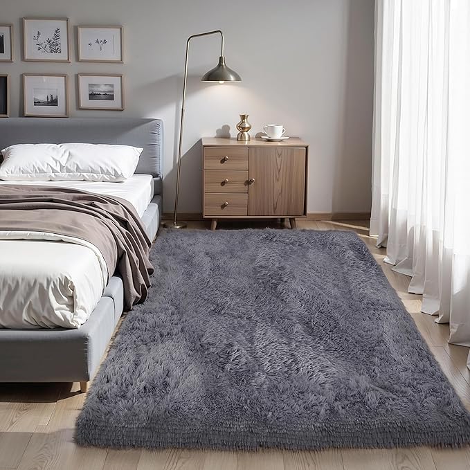 KICHOWUA Thick Area Rug Grey Fluffy 4x6 for Bedroom Living Room Washable Plush Rug for Kids Baby Room Nursery Non Slip Soft Shag Cozy Shaggy Rugs for College Dorm Fuzzy Furry Floor Carpet