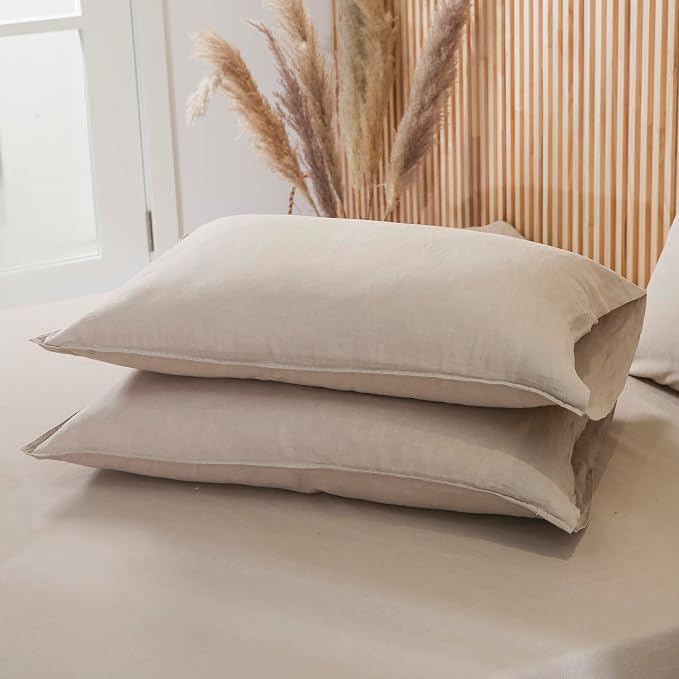 Linen World Natural Linen Pillowcase Set of 2 - Stone Washed Moisture-Absorbing Queen Size (20''x30''),Khaki
