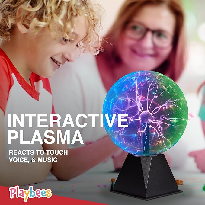 Playbees Colorful Plasma Ball 7-Inch – Tesla Coil Globe with Multicolor Lightning Effects, Plug-in Static Electricity Prop for Parties, Decorations, and STEM Learning