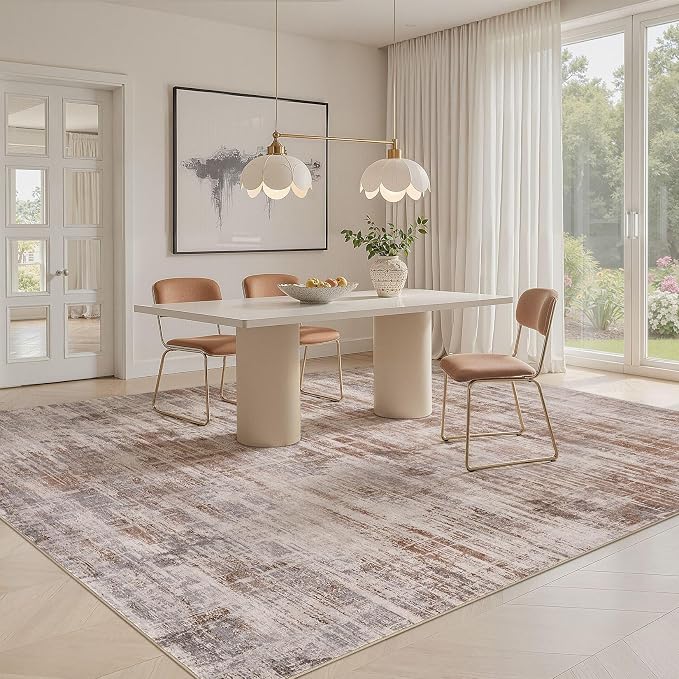 UERMEI 5x7 Washable Area Rug for Living Room: Modern Neutral Abstract Soft Low Pile Carpet Non-Slip Pet Kids Friendly Indoor Decor for Bedroom Dining Room Home Office Nursery Blue Brown