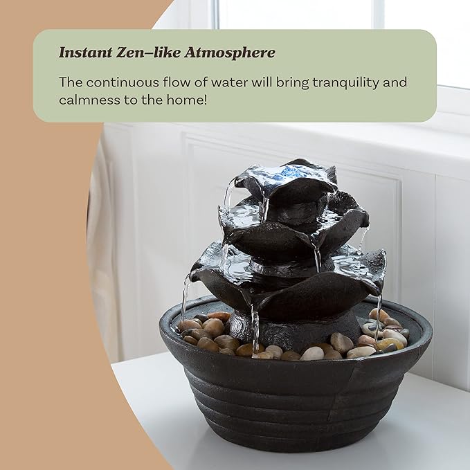 Indoor Fountain with LED Lights – Cascading 3-Tier Lighted Tabletop Water Feature with Soothing Sound – Zen Décor for Home or Office by Pure Garden