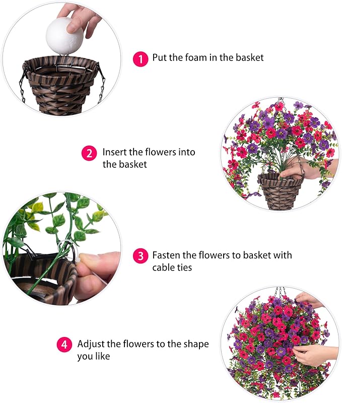 HyeFlora Artificial Hanging Flowers Basket for Outdoor, Fake Flowers Faux Plants Look Real for Yard Gardens Porch Patio Home (Darkpurple+Hotpink)