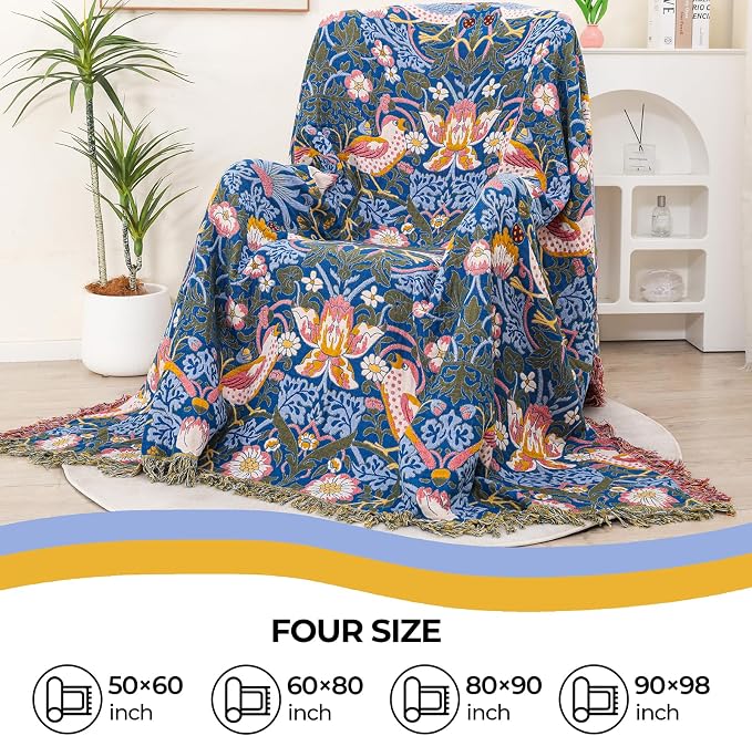 Boho Cotton Muslin Twin Size Bed Throws,100% Cotton Rustic 4 Layer Reversible Bid and Floral Woven Washable Breathable Decor Blanket 60"×80" for Couch Sofa All Seasons,Blue &Yellow