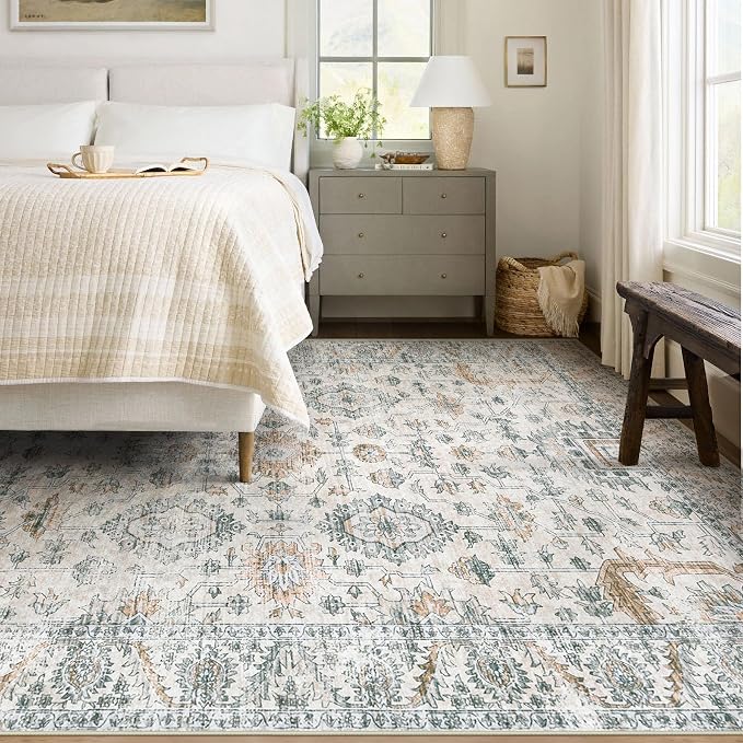 XLUEZ Area Rug 6x9 Living Room Rug, Machine Washable Vintage Distressed Boho Area Rug Non-Slip Soft Low Pile Large Indoor Rugs for Bedroom Kitchen Dining Room Office(Brown Green,6'x9')
