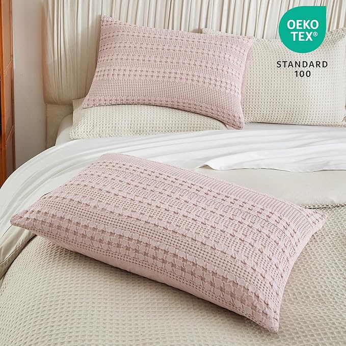 PHF 100% Cotton Waffle Pillow Shams Standard Size, 2 Pack 20" x 26" Soft Skin-Friendly Pillowcases, No Filling, Aesthetic Woven and Breathable Waffle Weave Pillow Case Covers for Bed, Pink