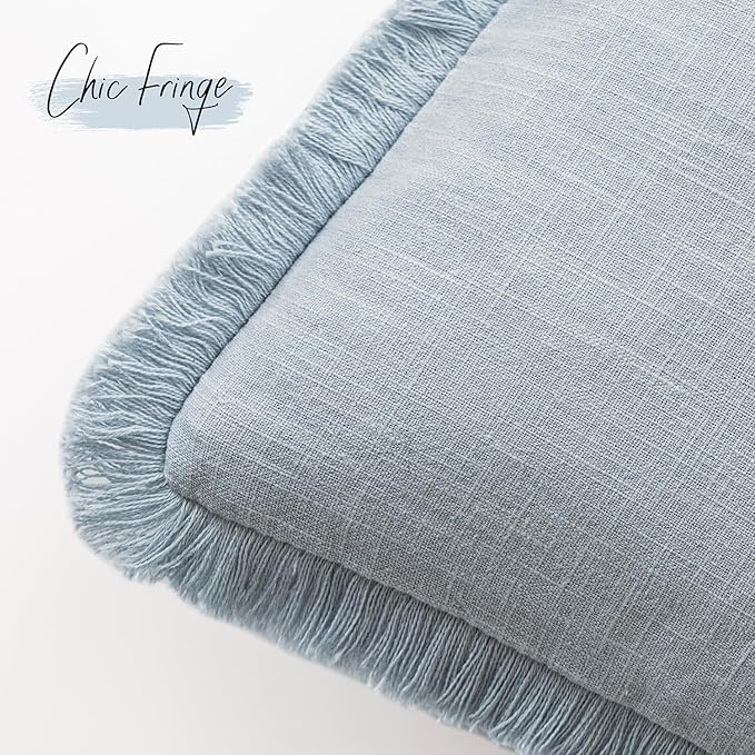Foindtower Set of 2 Decorative Linen Fringe Throw Pillow Covers Boho Farmhouse Cushion Cover with Tassels Soft Accent Pillowcase for Couch Chair Sofa Bed Living Room Home Decor,24×24 Inch,Sky Blue