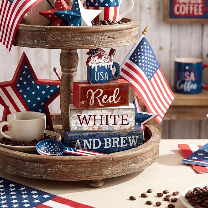 CroBlissful 4 Pcs 4th of July Decorations Patriotic Memorial Day Tabletop Decoration Red White Blue Table Centerpieces USA Coffee Sign for Office Tiered Tray Home Shelf 250th Anniversary