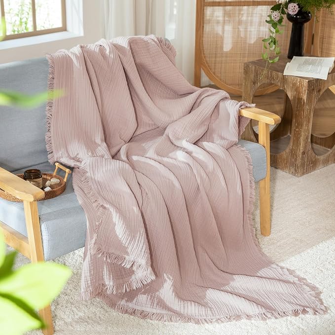 MooMee Muslin Blanket - 100% Cotton 4-Layer Gauze Throw Blanket with All-Around Fringe, Soft Breathable Lightweight Cooling Summer Blankets for Bed Couch(Greyish Pink,Throw XL 50" x 70")