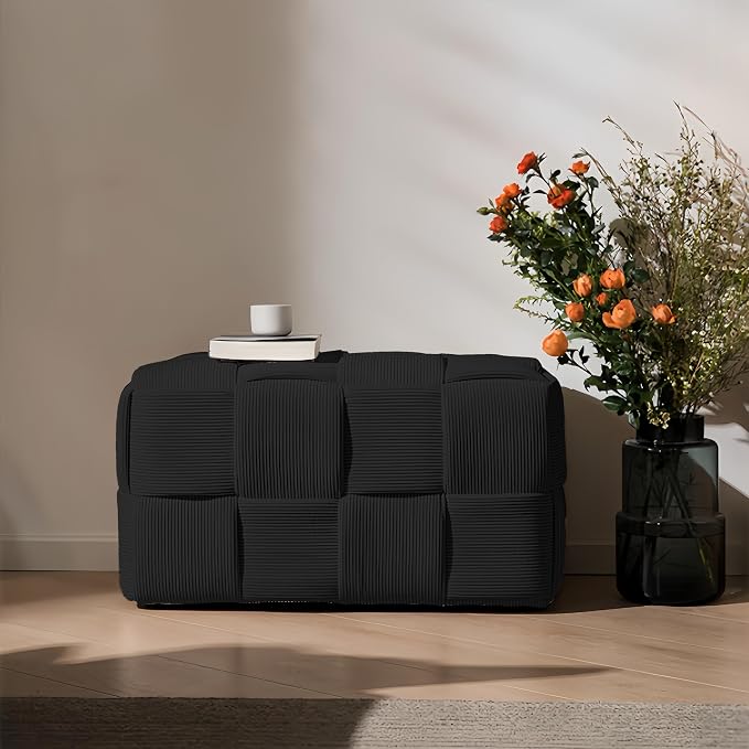 Cmishe 28" Rectangular Woven Corduroy Ottoman Footrest - Large Modern Entryway Bench & Bed End Stool, Sturdy Wood Frame, No Assembly (Black-L)