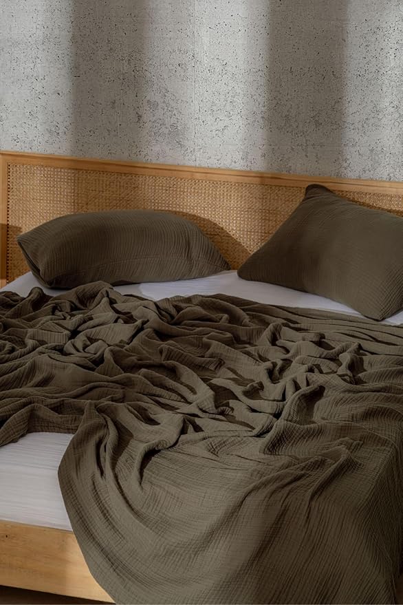 Muslin Blanket - Pure 100% Turkish Cotton Airy Soft Light Versatile Gauze Throw Blanket for Bed, Couch, Sofa (Khaki Green, Queen XL Size (95" x 95" inch))