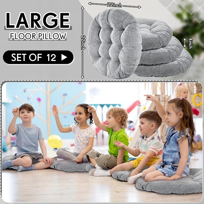 Jerify 12 Pcs Floor Pillow Cushions Large Round Square Large Meditation Floor Pillow for Classroom Adult Meditation Picnic Party Seating Learning Daycare School (Round,Light Gray)