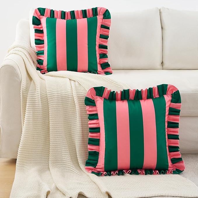 MONDAY MOOSE Decorative Throw Pillow Covers, Set of 2 Water-Resistant Striped Design with Ruffle Edge for Outdoor/Indoor Use, Pillow Inserts Not Included (20x20 inch, Pink/Dark Teal)