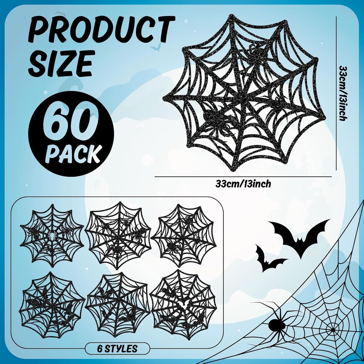 60Pcs Halloween Disposable Paper Placemats Glitter Black Spider Web Dining Table Mat Place Mats for Trick or Treat Party Home Table Setting, 13 x 13 Inch