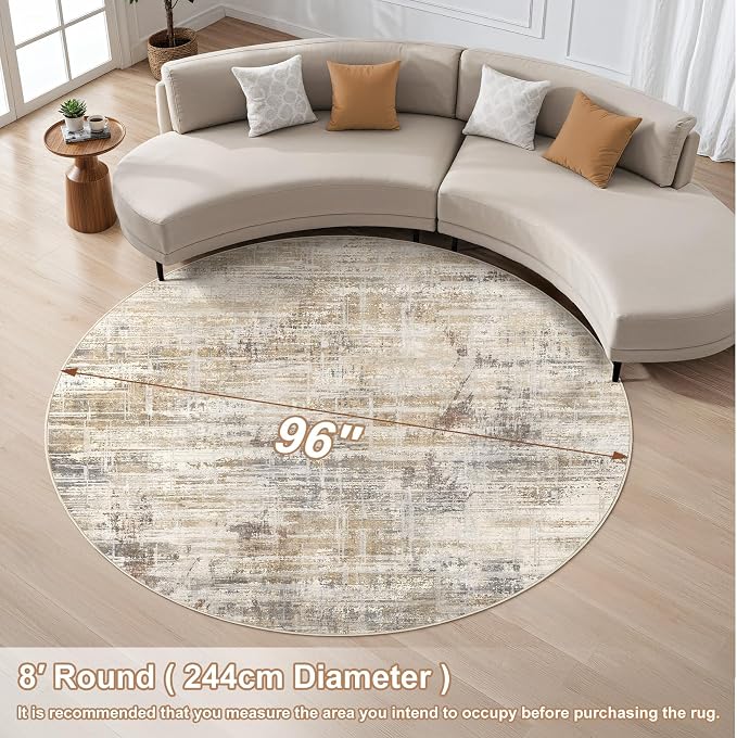 UERMEI 8ft Round Area Rug for Living Room: 8x8 Washable Neutral Abstract Modern Soft Circle Rugs Non Slip Indoor Floor Stain Resistant Carpet for Bedroom Dining Room Office Nursery Golden Brown
