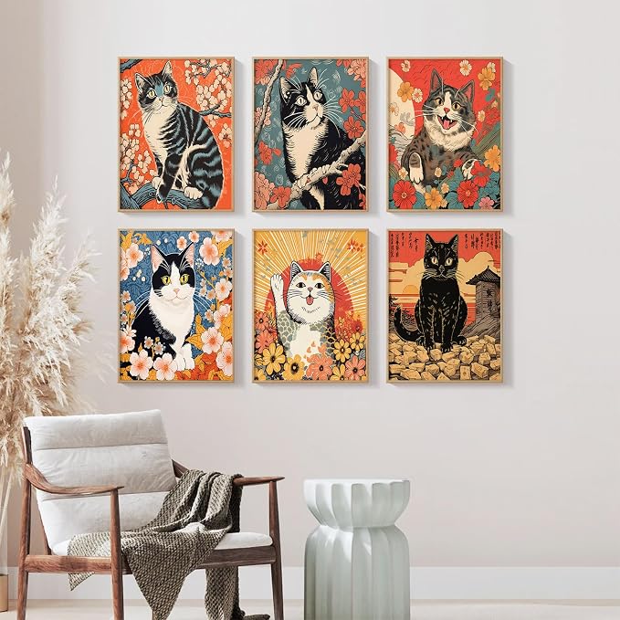 Japanese Cat Wall Art Funny Cat Canvas Poster Anime Wall Decor Asian Tattoo Prints Japan Wall Art Cute Artwork Tokyo Kitten Poster Vintage Pictures for Living Room Bedroom 12x16 Inch Unframed Set of 6