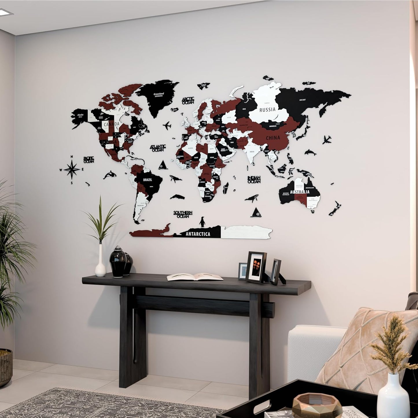 Colorfull Worlds 3D Wooden World Map Wall Art | Unique Wall Decor with Pins for Travel Enthusiasts | Home and Office Wall Décor | Burgundy | XXLarge
